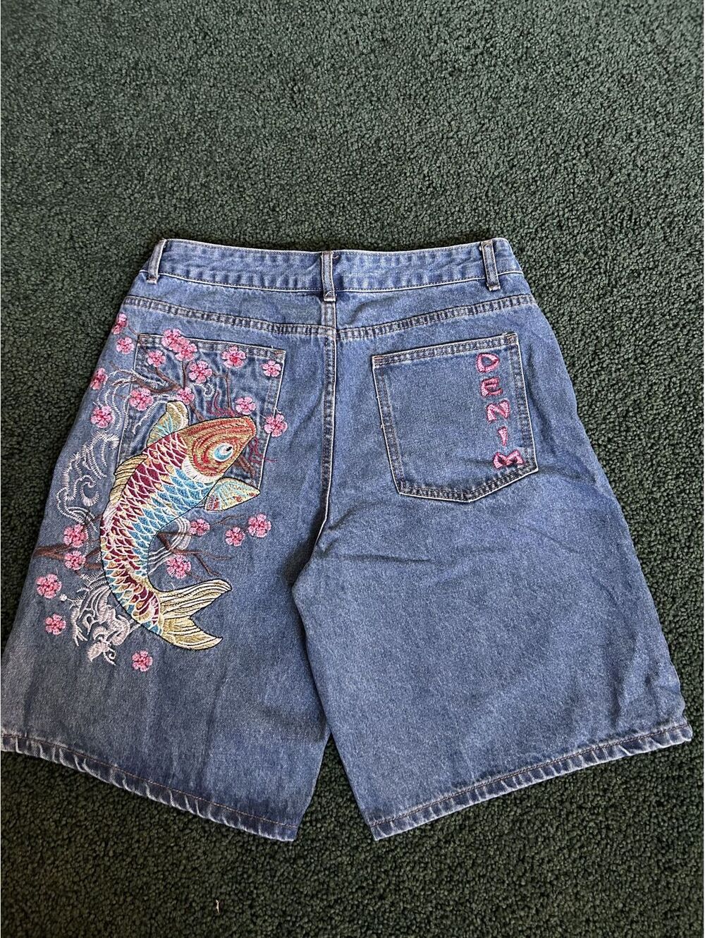 Denim Shorts with Embroidered Koi Fish